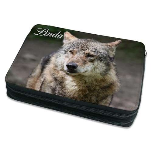 CreaDesign Kinder Federmäppchen mit (Wunsch) Namen, einzigartige Federtasche durch Personalisierung, Schulmäppchen - Motiv Wolf von CreaDesign