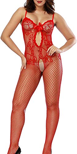 Creamlin Damen Spitzenstrümpfe Dessous Blumen Netz Netz Bodysuits Nachtwäsche für Party und romantische Date Wearing (rot) von Creamlin