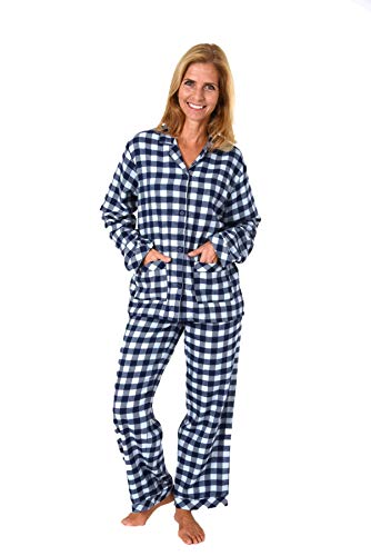 Damen Flanell Pyjama Schlafanzug in Karo Optik zum durchknöpfen - 281 201 15 531, Farbe:blau, Größe:40-42 von Creative by Normann