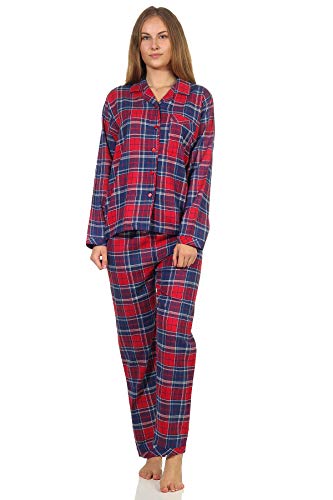 Damen Flanell Pyjama Schlafanzug kariert mit Knopfleiste und Hemdkragen - 202 201 15 600, Farbe:Karo blau, Größe:44/46 von Creative by Normann