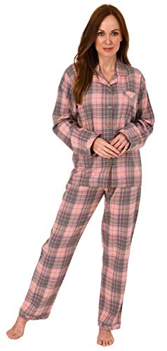 Damen Flanell Pyjama Schlafanzug kariert mit Knopfleiste und Hemdkragen - 202 201 15 600, Farbe:Karo grau, Größe:40/42 von Creative by Normann