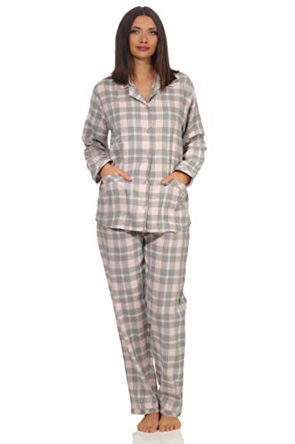 Damen Flanell Pyjama Schlafanzug kariert mit Knopfleiste und Hemdkragen - 291 201 15 556, Farbe:rosa, Größe:48/50 von Creative by Normann