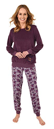 Damen Frottee Pyjama Langarm Schlafanzug mit Bündchen in eleganter floraler Optik - 63695, Farbe:Beere, Größe:44-46 von Creative by Normann