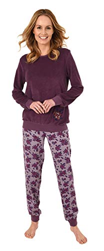 Damen Frottee Pyjama Langarm Schlafanzug mit Bündchen in eleganter floraler Optik - 63695, Farbe:Beere, Größe:48-50 von Creative by Normann