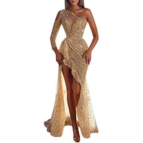 CreoQIJI Abendkleider Damen Glitzer Ballkleid Sexy Schulterfrei Einfarbig Paillettenkleid Unregelmäßiger Saum Maxikleider Bodenlang Vorne Kurz Hinten Lang Cocktailkleid Slim-Fit High Waist Partykleid von CreoQIJI