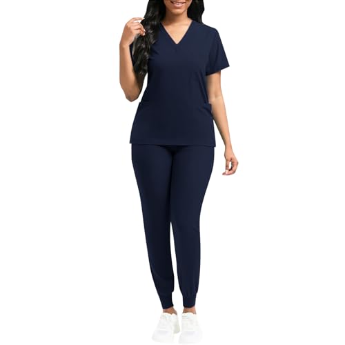 CreoQIJI Elegante Hosenanzüge Für Damen Jogger-Peeling-Set, klassisches V-Ausschnitt-Top und Jogger-Hose mit Taschen für Damen Overall Herren (Navy, S) von CreoQIJI