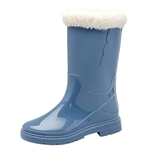 CreoQIJI Fahrrad Schuhe Damen Frauen High Heel Kniehohe Komfort Damen Schuhe Mittlere Waden Schneestiefel Rutschfeste Fleece Socken Innen Herausnehmbare Regenstiefel Outdoor Gummi (Blue, 41) von CreoQIJI