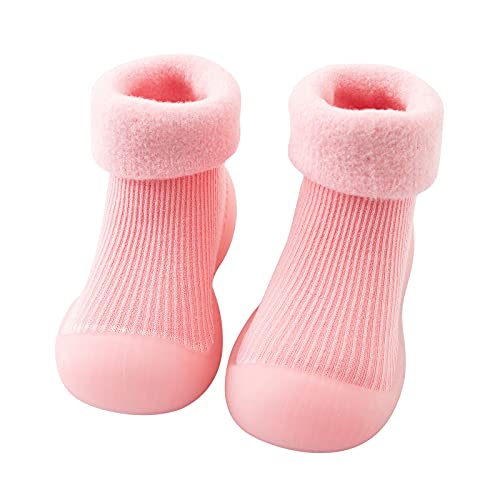 CreoQIJI Hausschuhe Kind Junge 30 Kinder Kleinkind Baby solide warm strick weiche einzige Gummi Schuhe Socken Slipper strumpfweiche Schuhe Socken Hausschuhe Winter Kinder Junge (Pink, 20) von CreoQIJI