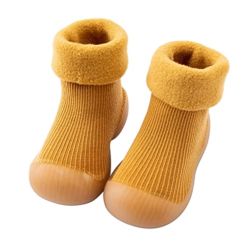 CreoQIJI Hausschuhe Kind Junge 30 Kinder Kleinkind Baby solide warm strick weiche einzige Gummi Schuhe Socken Slipper strumpfweiche Schuhe Socken Hausschuhe Winter Kinder Junge (Yellow, 20) von CreoQIJI