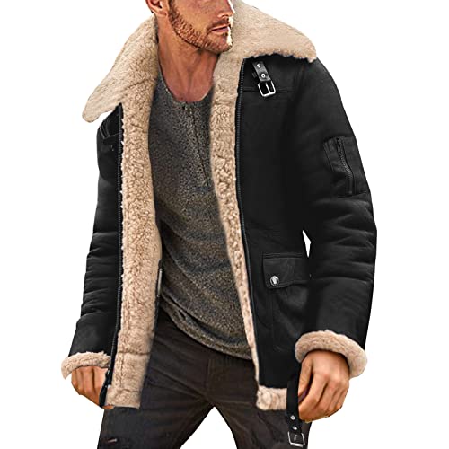 CreoQIJI Herren Jacke Revers Kunstlederjacke Jacke | mit Teddyfutter Gefütterte Thermojacke Kunstleder Mode Herren Wintermantel Sportlich Atmungsaktiv Übergangsjacke für Herren Winter Herbst S-5XL von CreoQIJI