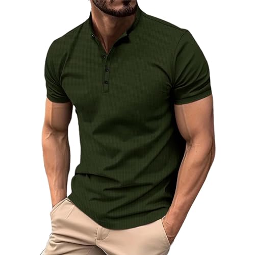 CreoQIJI Herrenmode Frühjahr und Sommer, lässig, kurzärmelig, Knopfkragen, kariert, strukturiert, einfarbig, kurzärmeliges T-Shirt Quarzuhr Retro Herren (Green, M) von CreoQIJI