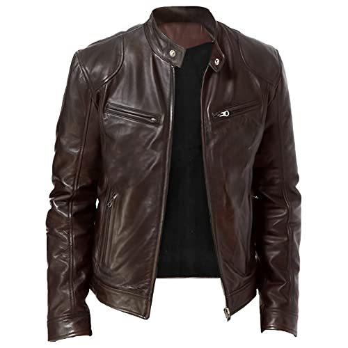 CreoQIJI Jacken Herren Sommer Herren Herbst und Winter Stehkragen Lederjacke Reißverschluss Kunstleder Bikerjacke Langarm Jacke Mantel Herren Gürtel (Brown, XXXL) von CreoQIJI