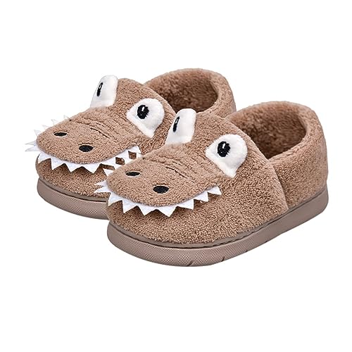 CreoQIJI Kinder Hausschuh Jungs Winter warme Hausschuhe Plüsch süße Cartoon Dinosaurier Schlafzimmer Haus Innenschuhe Hausschuhe Kinder Junge 22 (Khaki, 29 Little Child) von CreoQIJI