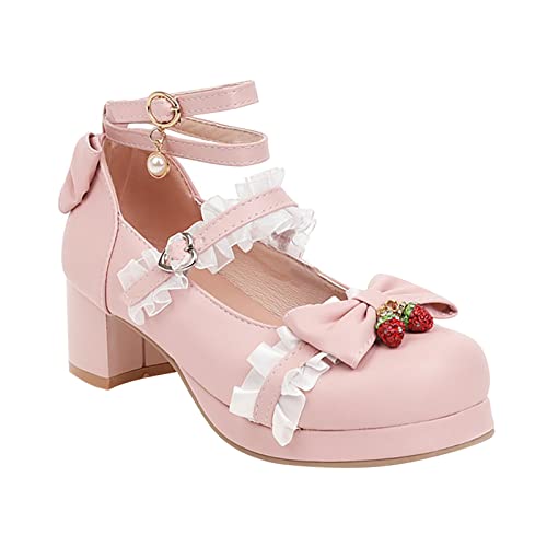 CreoQIJI Mädchenschuhe Gr. 32 Wunderschöne Prinzessinnenschuhe für große Mädchen, zum Schnüren, Pu-Material, mit Schleife, verziert, Dicke Absätze, High Heels, Party, Hochzeit, (Pink, 33 Big Kids) von CreoQIJI