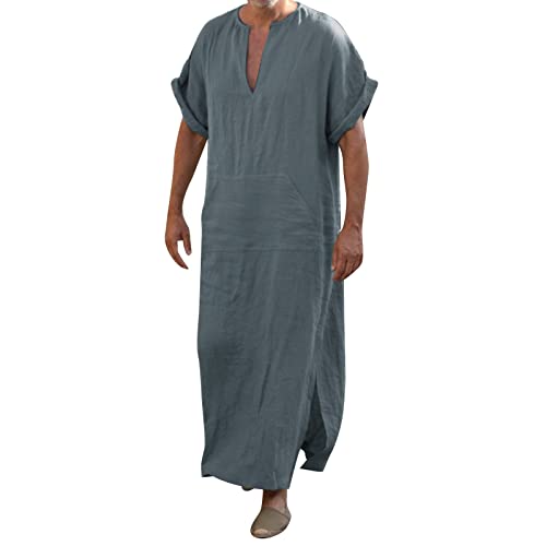 CreoQIJI Muslim Kaftan Herren Islamische Ethnische Lässige Herrenmode aus muslimischer Baumwolle und Leinen mit V-Ausschnitt und kurzen Ärmeln Hemd Herren Knitterfrei (Dark Gray, XXL) von CreoQIJI