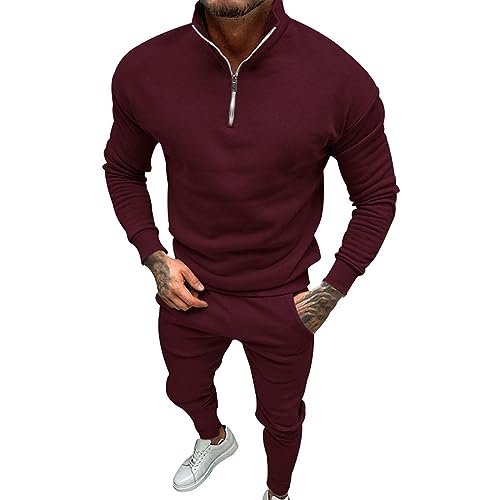 CreoQIJI Pullover Zweiteiliges Set für Herren, modisch, Herbst und Winter, einfarbig, lässig, mit langen Ärmeln, gepolstertem Reißverschluss, Stehkragen, zweiteiliges Set Tank Top Herren (Wine, L) von CreoQIJI