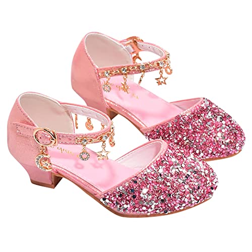 CreoQIJI Super Fit Sandale Mädchen Kleidschuhe mit niedrigem Absatz, Strass, Bögen, niedriger Absatz, Prinzessin, Hochzeitsfeier für, Mädchensandalen (Pink, 33.5 Big Kids) von CreoQIJI