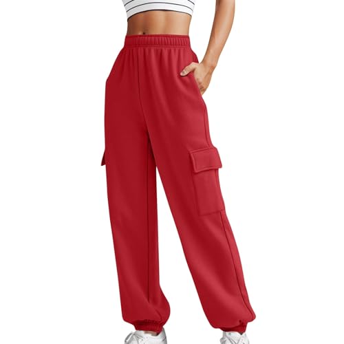 Dschungelcamp Hose Damen Lose Cargo-Hose für Damen, Retro-Stil, mehrere Taschen, niedrige Taille, Kordelzug, Schweinenase, Schnalle, schmale, gerade gewebte Freizeithose Kurze Hose Damen (Red, L) von CreoQIJI