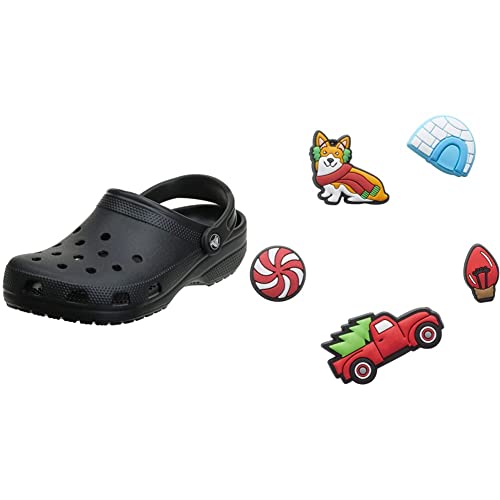 Crocs Unisex Classic Pantoffeln, Black, 42/43 EU + Jibbitz Schuh-Anhänger für Damen und Herren, 5 Stück, Weihnachten, Small von Crocs