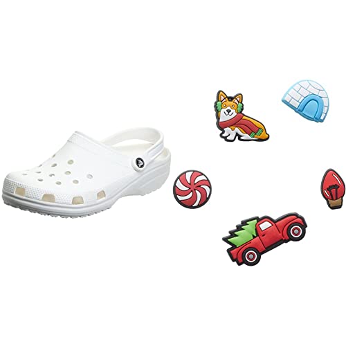 Crocs Unisex Classic Pantoffeln, White, 48/49 EU + Jibbitz Schuh-Anhänger für Damen und Herren, 5 Stück, Weihnachten, Small von Crocs