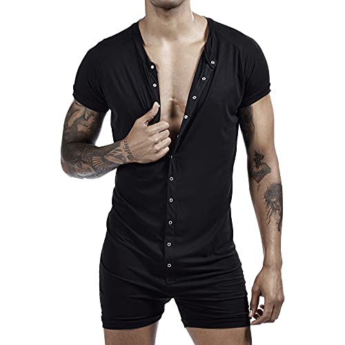 Crongless Herren Kurzarm Strampler Overall Henley Jumpsuit Super Bequemer Stretch-Baumwoll-Strampler mit Knöpfen Männer Schwarz (M) von Crongless