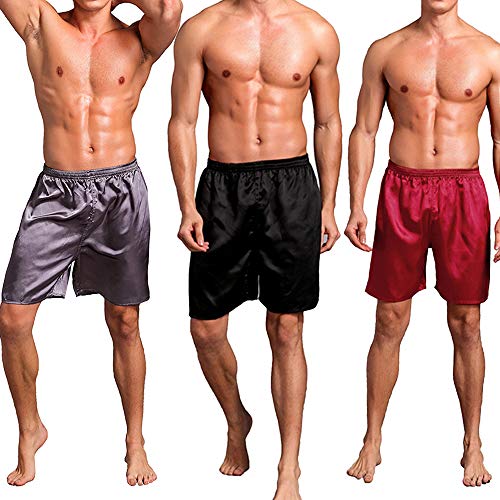 Crongless Herren Satin Schlafanzughose Nachtwäsche for Herren Sexy Boxershorts Casual Shorts Elastik-Bund Hose Männer Schwarz Rot Grau 2er Pack 3er Pack (XXL, Schwarz+Rot+Grau) von Crongless