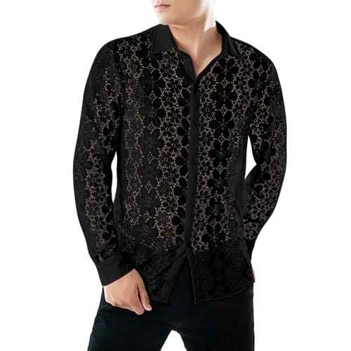 Crongless Herren Transparent Blumen Hemd, Spitze Button Down Langarm Freizeithemden Herren Party(Schwarz,XL) von Crongless