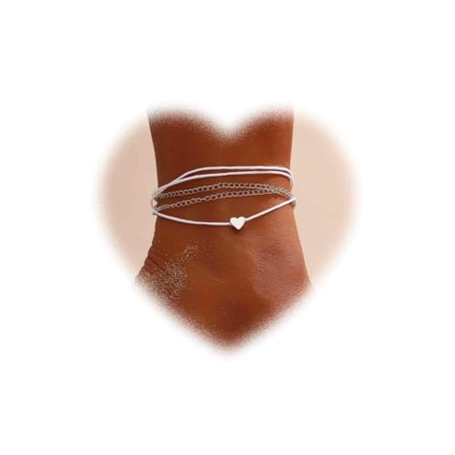 Bohemian Geschichtet Herz Form Fußkettchen Silber Liebe Herz Fußkettchen geflochtenes Seil Fußkettchen Armband verstellbar Strand Fußkettchen Sommer Strand Fußkettchen Schmuck Mädchen Geschenke von Crymystal