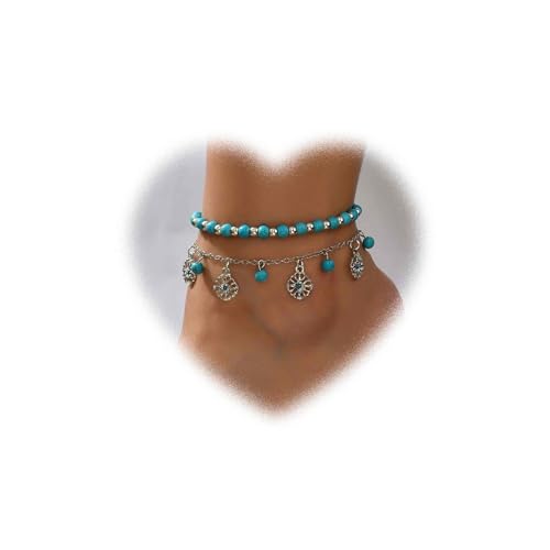 Bohemian Kaskadierung blaue Perlen Frauen Fußketten Blumen Fußketten Armband durchbrochene Blumen Fesseln Armband Mehrschichtige Sommer Strand Fesseln Fesseln Armband Schmuck Mädchen Geschenke von Crymystal