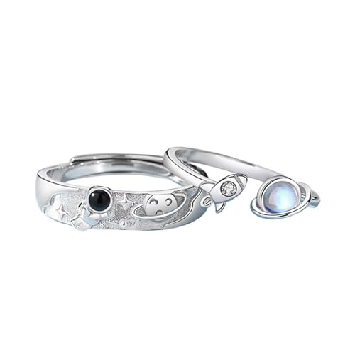 Crymystal Astronaut Paar Finger Ringe Set Einstellbare Finger Ringe Liebe Token Offene Ringe Planet Star Raumschiff CZ Kristall für Freundin und Freund Schmuck (Stil:B) von Crymystal