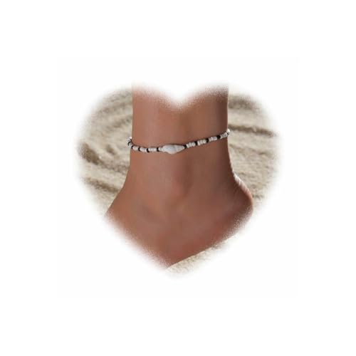 Crymystal Bohemian Muschel Weibliche Fußkettchen Retro Muschel Fußkettchen Armband Schwarz-Weiß Perlen Fußkettchen Sommer Strand Fußkettchen Fußkettchen Schmuck Mädchen Geschenke von Crymystal