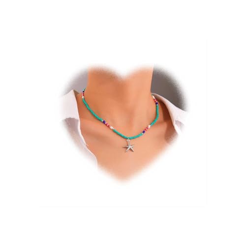 Crymystal Bohemian Seestern Anhänger Halskette Türkis Perlen Halskette Golden Seestern Halskette Perlen Halskette Halskette für Frauen Schmuck Strand Urlaub Stil Geschenke von Crymystal