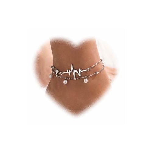 Crymystal Bohemian Style Frau geschichtet Perlen Fußkettchen Herzschlag Knöchel Armband Liebe Fußkettchen Perlen Fußkettchen Sommer Strand Fuß Knöchel Armband Ornament Mädchen Geschenke (Silber) von Crymystal