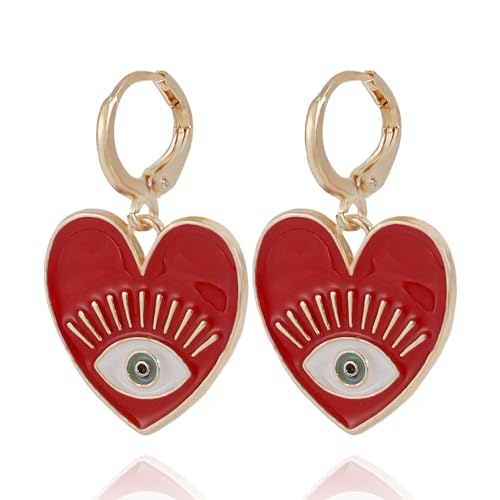 Crymystal Evil Eye Drop Ohrringe für Frauen Vintage Geometrische Herz geformte Ohrringe Gold Herz Form Anhänger Ohrringe Schmuck für Mädchen Graduation Day Geschenke (Rot) von Crymystal