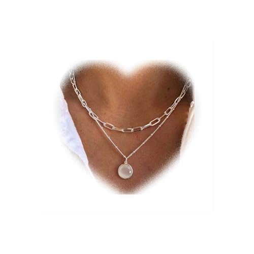 Crymystal Layered Moonstone Anhänger Halskette Silber Layered Chain Halskette Vintage Moonstone Halskette Charme Naturstein Halskette Geschenk für Mädchen (Silber) von Crymystal