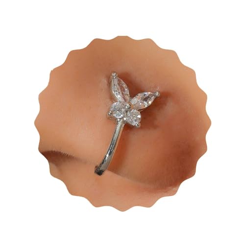 Crymystal Vintage Strass Schmetterling Nase Ring Fake Fach Nase Ring Nagel U-förmige Clip Nase Nagel Biegbare Nase Ring Persönlichkeit Nase Ring Schmuck für Frauen und Mädchen Geschenke (Silber) von Crymystal