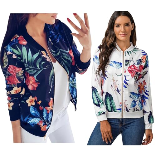 Bomberjacke Damen Blumen Leicht Kurze Jacke Blumenmuster Reißverschluss Jacket Langarm Herbst Winter Stehkragen Freizeitjacke Vintage Baseballkragen Jacke Modische Premium Outwear Mantel (1-Blue, L) von Cunhuan