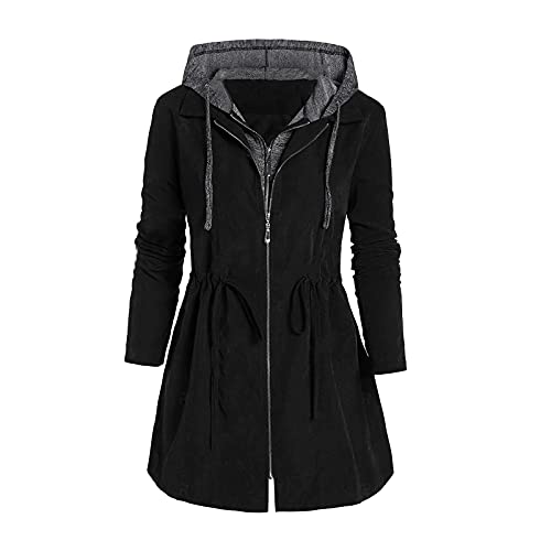 Cunhuan Damen Jacke Warm Winterjacke Mode Übergangsjacke Frauen Mode mittellang Windbreaker Winter Plus Größe Schnürung mit Kapuze Außenbekleidung mit Tasche Mantel Damen Ausgestellt (Black, XXL) von Cunhuan