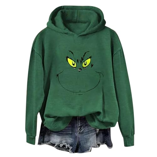 Cunhuan Damen Weihnachten Hoodie Grinch Druck Kapuzenpullover Kreativer Weihnachts Pullover Langärmliges Rundhalsausschnitt Sweatshirt mit Kapuze Mode Locker Sitzende Sweatshirts Festlich Oberteile von Cunhuan