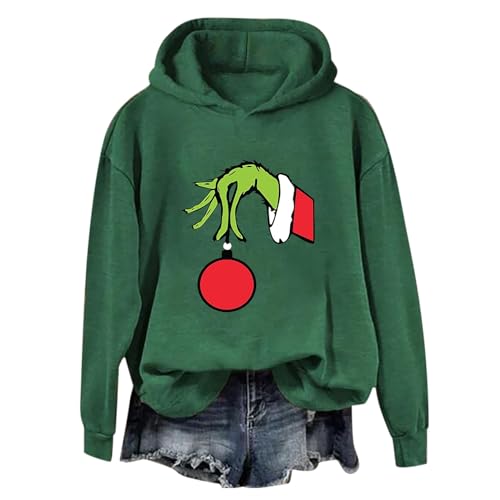 Cunhuan Damen Weihnachten Hoodie Grinch Druck Kapuzenpullover Kreativer Weihnachts Pullover Langärmliges Rundhalsausschnitt Sweatshirt mit Kapuze Mode Locker Sitzende Sweatshirts Festlich Oberteile von Cunhuan