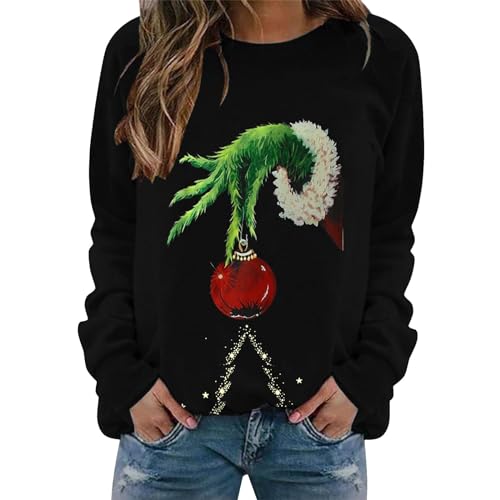 Cunhuan Damen Weihnachten Hoodie Grinch Druck Kapuzenpullover Kreativer Weihnachts Pullover Langärmliges Rundhalsausschnitt Sweatshirt mit Kapuze Mode Locker Sitzende Sweatshirts Festlich Oberteile von Cunhuan