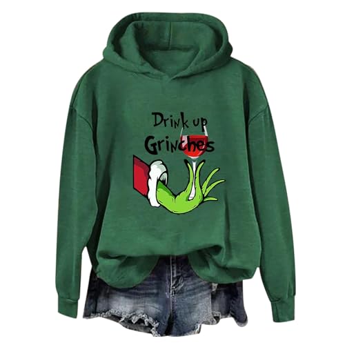 Cunhuan Damen Weihnachten Hoodie Grinch Druck Kapuzenpullover Kreativer Weihnachts Pullover Langärmliges Rundhalsausschnitt Sweatshirt mit Kapuze Mode Locker Sitzende Sweatshirts Festlich Oberteile von Cunhuan