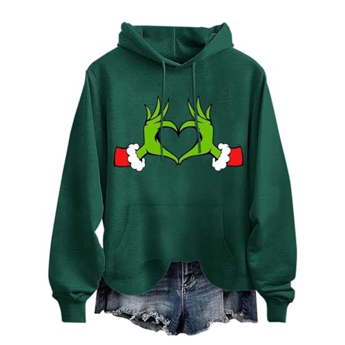 Cunhuan Damen Weihnachten Hoodie Grinch Druck Kapuzenpullover Kreativer Weihnachts Pullover Langärmliges Rundhalsausschnitt Sweatshirt mit Kapuze Mode Locker Sitzende Sweatshirts Festlich Oberteile von Cunhuan