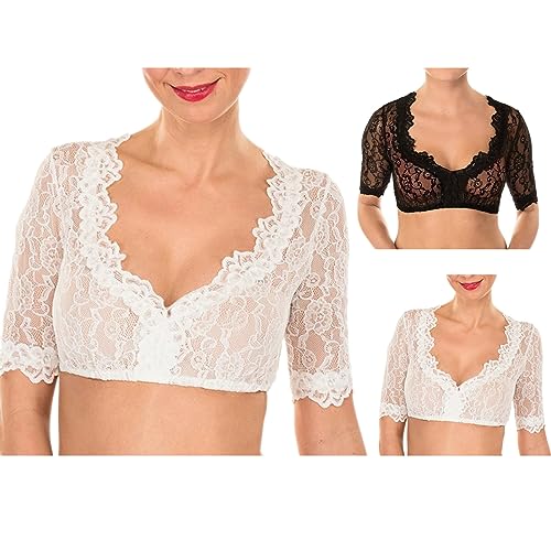 Cunhuan Trachten Damen Dirndlbluse Weiss Sexy Spitze Kurzarm Oktoberfest Dirndlblusen Transparent Elegante Halbarm Tracht Bluse von Cunhuan