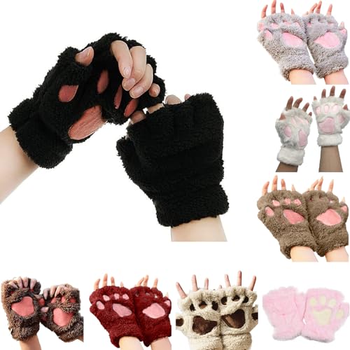 Damen Fingerlos Handschuhe Winter Katze Plüsch Niedlich Cartoon Handschuh Katzenkralle Handschuhe Halbfinger Bärentatze Fingerlose Handschuhe Warme Fleece Handschuhe Outdoor Dicke (1-Black, One Size) von Cunhuan