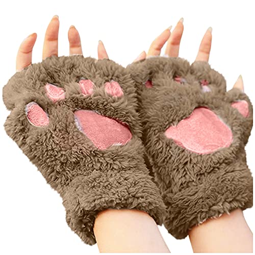 Damen Fingerlos Handschuhe Winter Katze Plüsch Niedlich Cartoon Handschuh Katzenkralle Handschuhe Halbfinger Bärentatze Fingerlose Handschuhe Warme Fleece Handschuhe Outdoor Dicke (4-Coffee, One Size) von Cunhuan