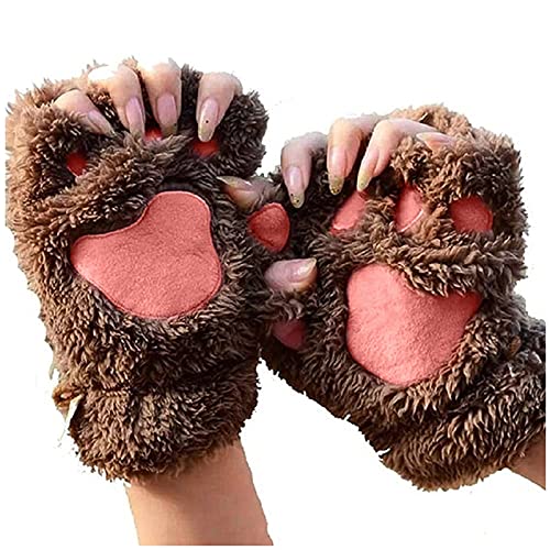 Damen Fingerlos Handschuhe Winter Katze Plüsch Niedlich Cartoon Handschuh Katzenkralle Handschuhe Halbfinger Bärentatze Fingerlose Handschuhe Warme Fleece Handschuhe Outdoor Dicke (8-Brown, One Size) von Cunhuan