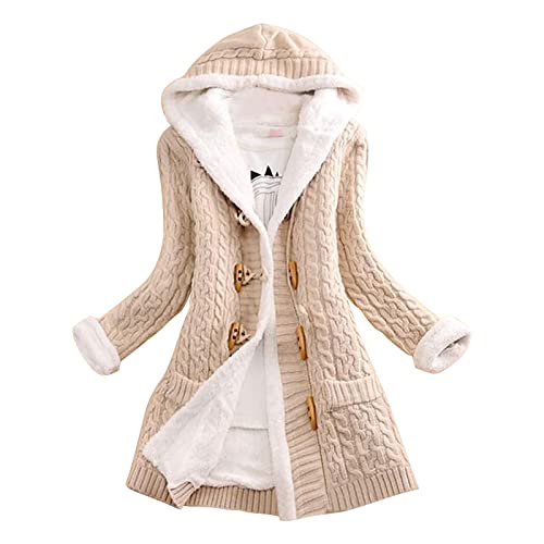 Damen Jacke Warm Winterjacke Mode Übergangsjacke Frauen lässiger Strickknopf Langarm Dicke Cardigan mit Kapuze und Kapuze Norweger Strickjacke Damen Hellblau (Beige, XL) von Cunhuan