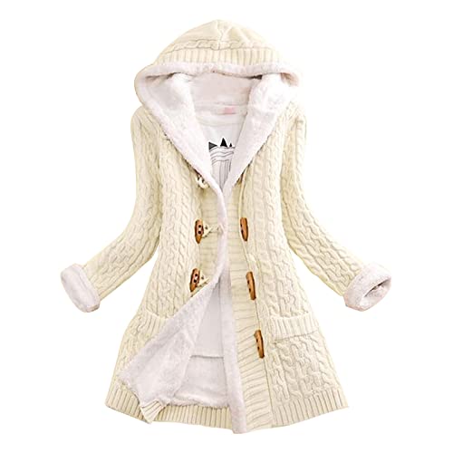 Damen Jacke Warm Winterjacke Mode Übergangsjacke Frauen lässiger Strickknopf Langarm Dicke Cardigan mit Kapuze und Kapuze Norweger Strickjacke Damen Hellblau (White, M) von Cunhuan