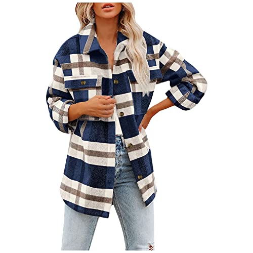 Damen Karierte Hemdjacke Flanell Hemden Baumwolle Button-down Hemdbluse Freizeit Mode Shacket Mantel Herbst Winter Bluse Fashion Classic Tops Knöpfen Mantel Warme Langarmshirt Karierte (A-Blue, S) von Cunhuan